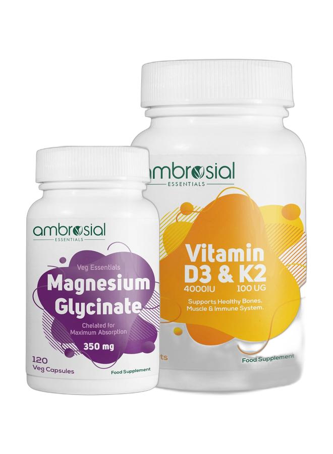 أمبروسيال عبوة من 1 كبسولات جليسينات المغنيسيوم 350 ملغ - 120 كبسولة وأقراص أمبروسيل فيتامين د3 وك2 4000 وحدة دولية فيتامين د3 + 100 ميكروغرام فيتامين ك2 MK-7 لصحة العظام والعضلات ودعم الجهاز المناعي - 120 قرصًا - Image 1
