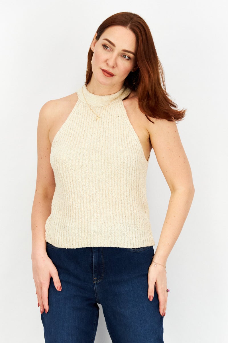 NA-KD Women Halter Neck Sleeveless Textured Top, Beige - Image 1