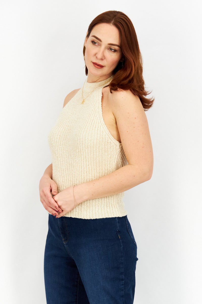 NA-KD Women Halter Neck Sleeveless Textured Top, Beige - Image 4