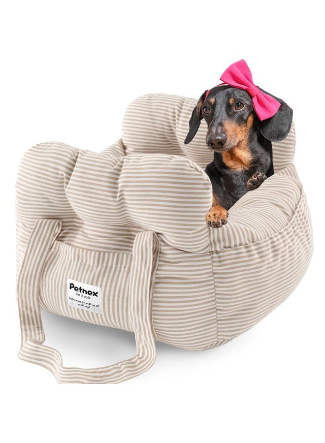 PETNEX Dog Car Seat for Small Dogs, Portable Puppy Car Seat of Easy Installation, Fashionable Pet Carrier Bag with Large Pockets, Machine Washable Dog Booster Seat (Striped Khaki) - Image 1