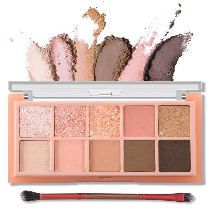 Erinde 10 Colors Eyeshadow Palette Makeup - Matte Shimmer Glitter Eye Shadow, Ultra-Blendable, High Pigmented, Naturing-Looking, Neutral Nude Eyeshadow Pallet with Professional Brush, Peach Color - Image 1