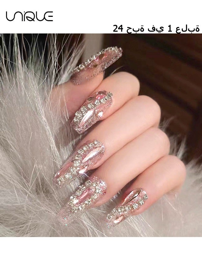 Unique 24Pcs Fake Nails, Press Nails, Mid-length Ballet Manicure - Light Pink Sparkling Diamond Manicure - Shiny S Diamond Chain Manicure - Fake Nail Patch - Image 1