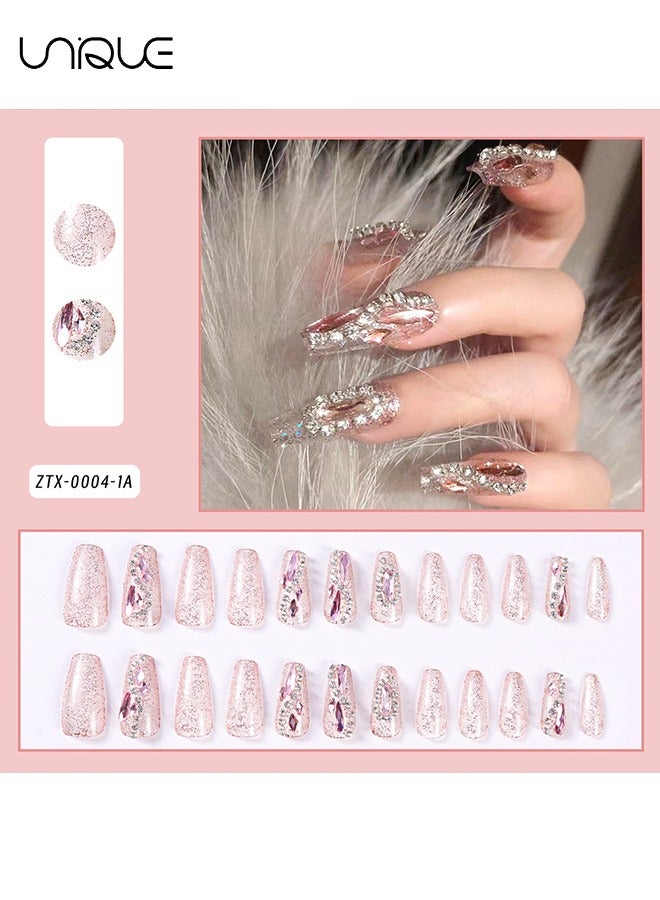 Unique 24Pcs Fake Nails, Press Nails, Mid-length Ballet Manicure - Light Pink Sparkling Diamond Manicure - Shiny S Diamond Chain Manicure - Fake Nail Patch - Image 2