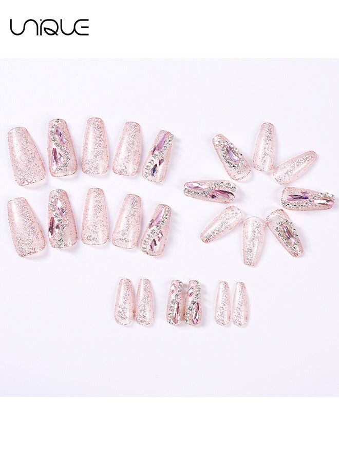 Unique 24Pcs Fake Nails, Press Nails, Mid-length Ballet Manicure - Light Pink Sparkling Diamond Manicure - Shiny S Diamond Chain Manicure - Fake Nail Patch - Image 3