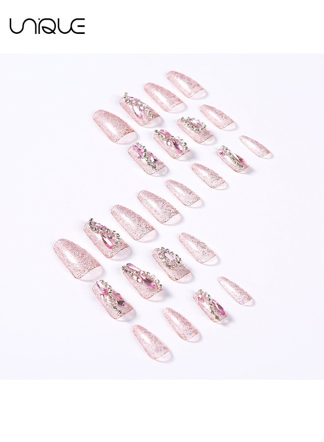 Unique 24Pcs Fake Nails, Press Nails, Mid-length Ballet Manicure - Light Pink Sparkling Diamond Manicure - Shiny S Diamond Chain Manicure - Fake Nail Patch - Image 4