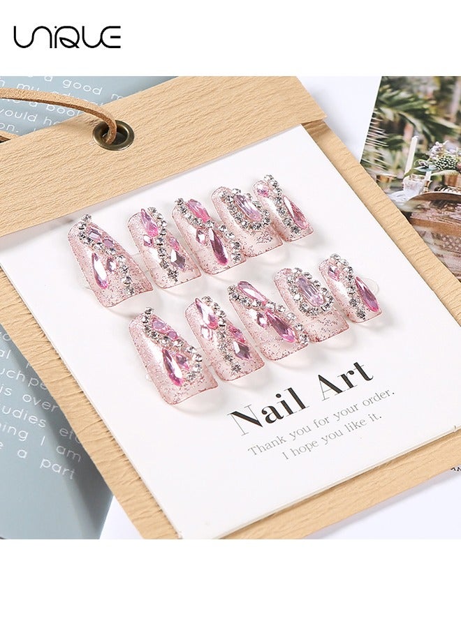 Unique 24Pcs Fake Nails, Press Nails, Mid-length Ballet Manicure - Light Pink Sparkling Diamond Manicure - Shiny S Diamond Chain Manicure - Fake Nail Patch - Image 5