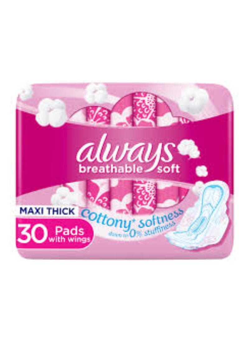 Always Breathable Soft Maxi Thick, Large Sanitary Pads With Wings, 30 Pads Large 