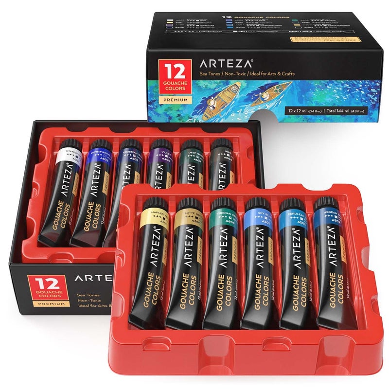 ARTEZA Gouache Paint, Sea Tones 12 colour X12 ml Tubes - Image 1