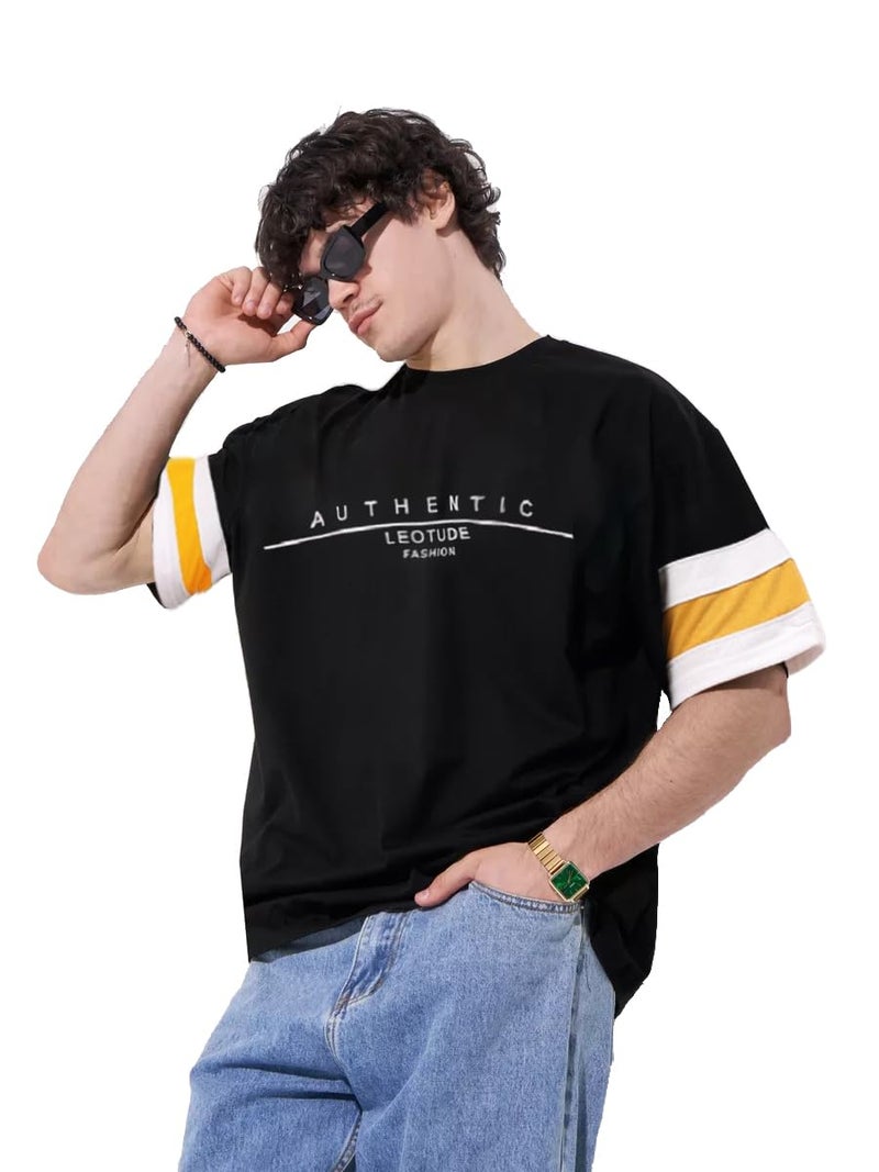 LEOTUDE Men Cotton Blend Cottoblend Half Sleeve Printed Oversized Drop Shoulder T-Shirt(Black Color)(in,Alpha,L,Regular,Black) - Image 3