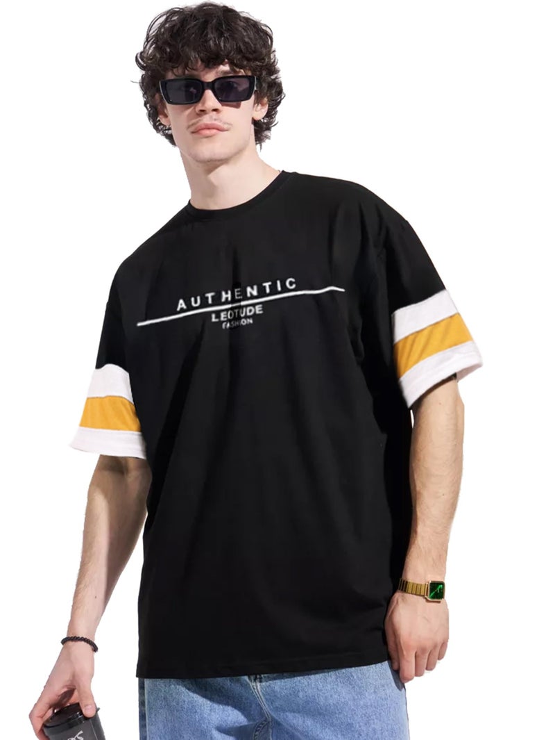 LEOTUDE Men Cotton Blend Cottoblend Half Sleeve Printed Oversized Drop Shoulder T-Shirt(Black Color)(in,Alpha,L,Regular,Black) - Image 1
