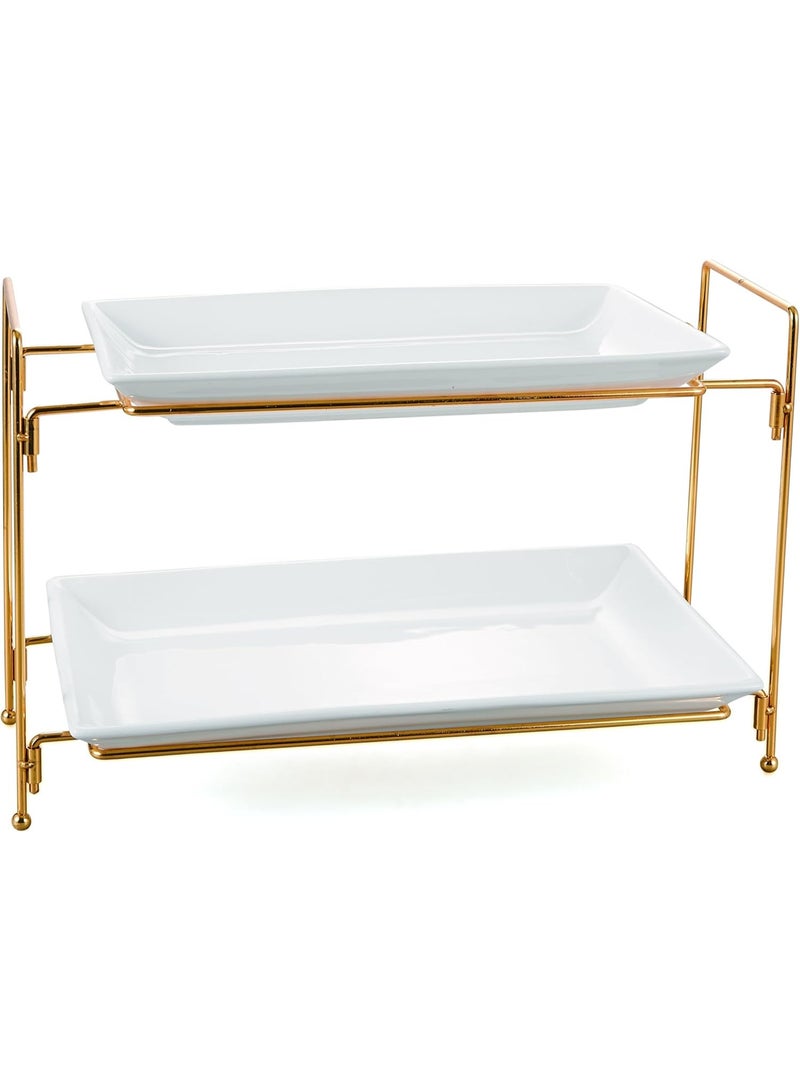 أوركيد طقم تقديم أوركيد من طبقتين مع حامل ذهبي، حامل أطباق للحلويات والوجبات الخفيفة، أطباق بيضاء مع حامل معدني للكيك والمعجنات والمقبلات، طقم صواني تقديم - Image 1