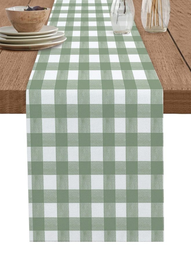 Ldtrchee Sage Green Buffalo Plaid Table Runner 72 Inches, Farmhouse Green White Checkered Bed Runner Dresser Scarves Tabletop for Indoor Outdoor Parties/Ceremony/Banquet, 13" x 72" - Image 1