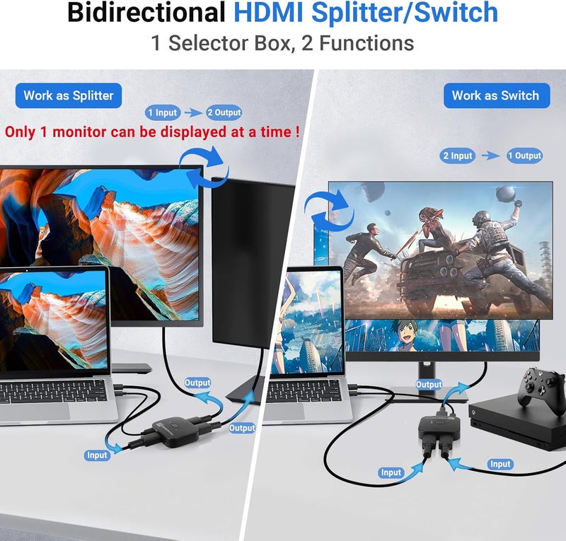 محول HDMI 2.1 بدقة 8K، محول HDMI ثنائي الاتجاه 2 مدخل و 1 مخرج يدعم 48Gbps و 8K@60Hz و 4K@144Hz و 4K@120Hz لأجهزة PS5 وHDTV وXbox وFire Stick (8K60Hz) - Image 3
