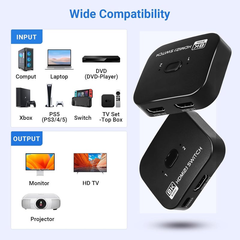 محول HDMI 2.1 بدقة 8K، محول HDMI ثنائي الاتجاه 2 مدخل و 1 مخرج يدعم 48Gbps و 8K@60Hz و 4K@144Hz و 4K@120Hz لأجهزة PS5 وHDTV وXbox وFire Stick (8K60Hz) - Image 4