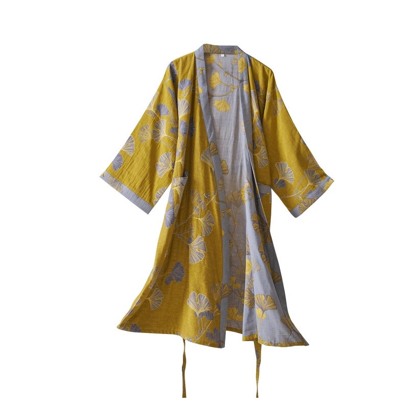 Kimono Robe 100% Cotton Gauze Ginkgo Leaf Print - Image 1