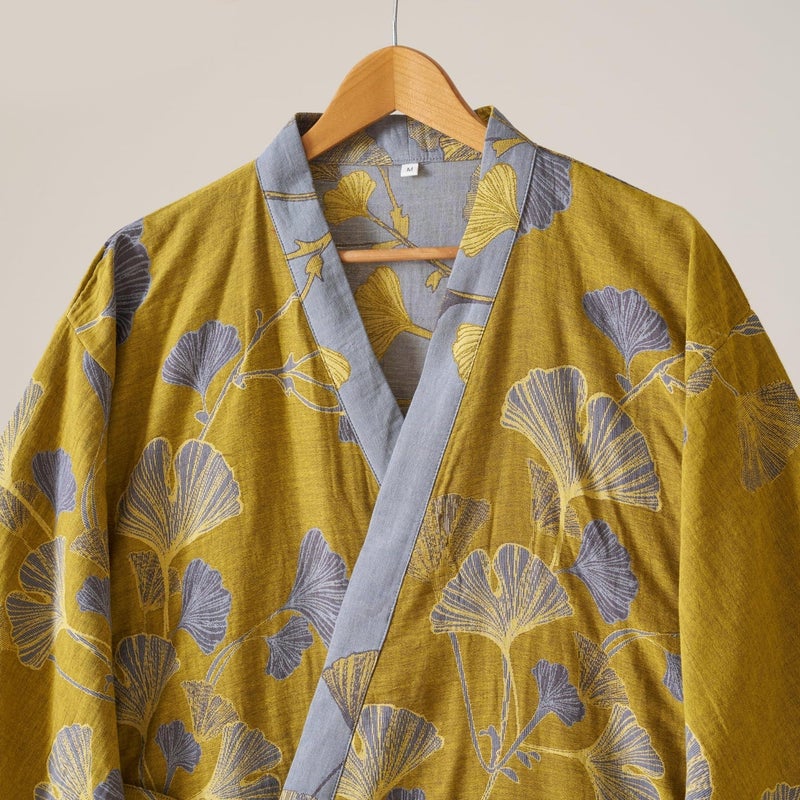 Kimono Robe 100% Cotton Gauze Ginkgo Leaf Print - Image 3