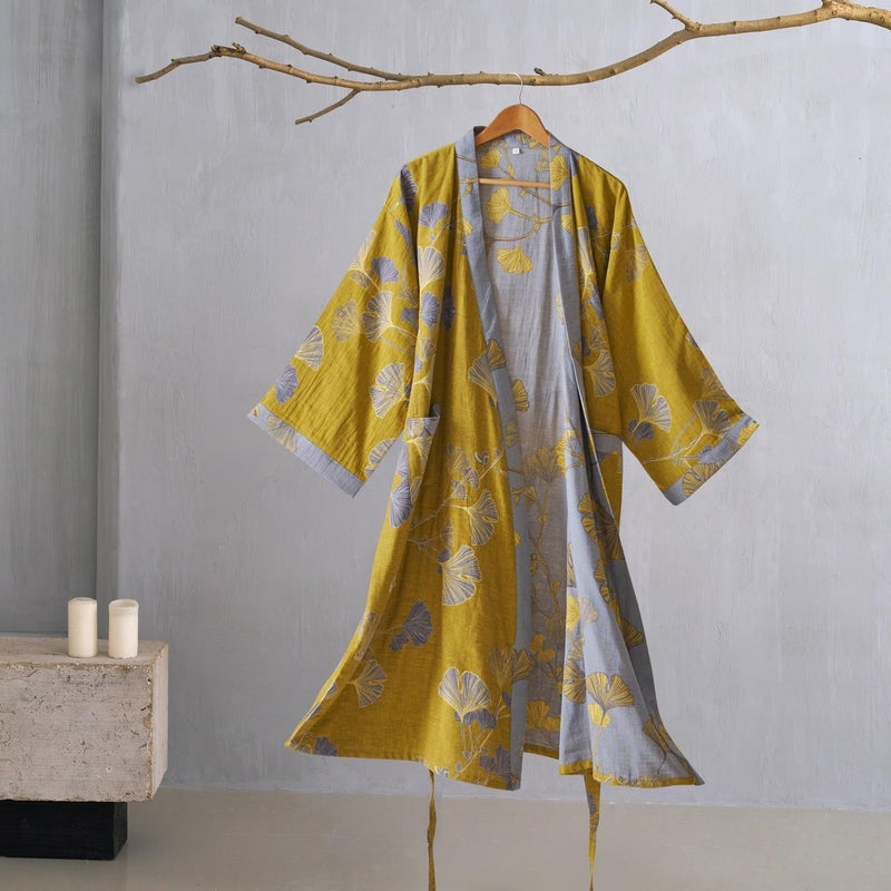 Kimono Robe 100% Cotton Gauze Ginkgo Leaf Print - Image 2