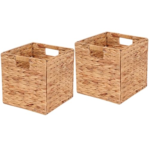 LYJWOO6D Water Hyacinth Storage Baskets 11x11x11 Inch Wicker Storage Cubes Set of 2Baskets,Handwoven Foldable Wicker Cubes with Sturdy Handles, Rustic Laundry Organizer for Bedroom Shelves, Kitchen, Bathroom - Image 1