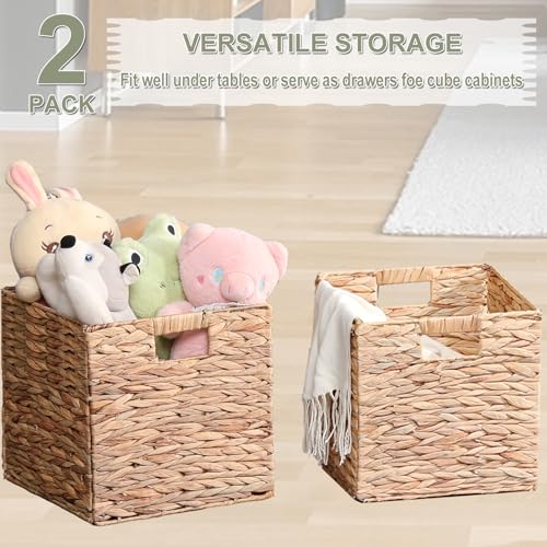 LYJWOO6D Water Hyacinth Storage Baskets 11x11x11 Inch Wicker Storage Cubes Set of 2Baskets,Handwoven Foldable Wicker Cubes with Sturdy Handles, Rustic Laundry Organizer for Bedroom Shelves, Kitchen, Bathroom - Image 5