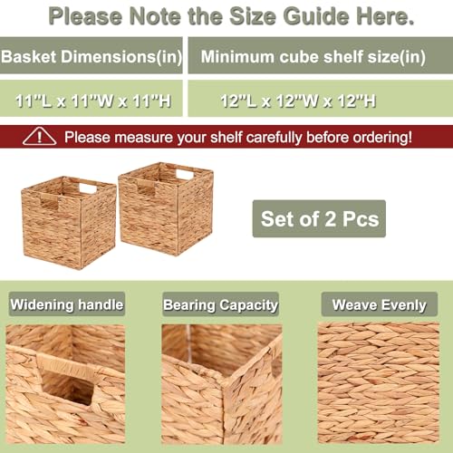 LYJWOO6D Water Hyacinth Storage Baskets 11x11x11 Inch Wicker Storage Cubes Set of 2Baskets,Handwoven Foldable Wicker Cubes with Sturdy Handles, Rustic Laundry Organizer for Bedroom Shelves, Kitchen, Bathroom - Image 2
