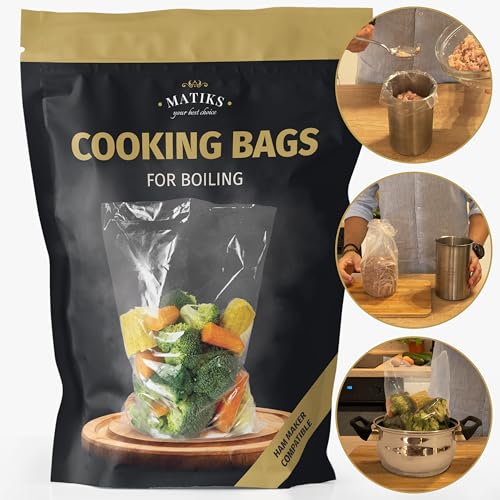 Matiks Ham Press Cooking Poly Bags for Boiling compatible with Ham Maker, Healthy Food Boil Bag Perfect for Lunch Deli Meat, Seafood, Vegetables, BPA-Free Plastic Freezer Bag, 8'' x 14'', 40 Bags by Matiks - Image 1