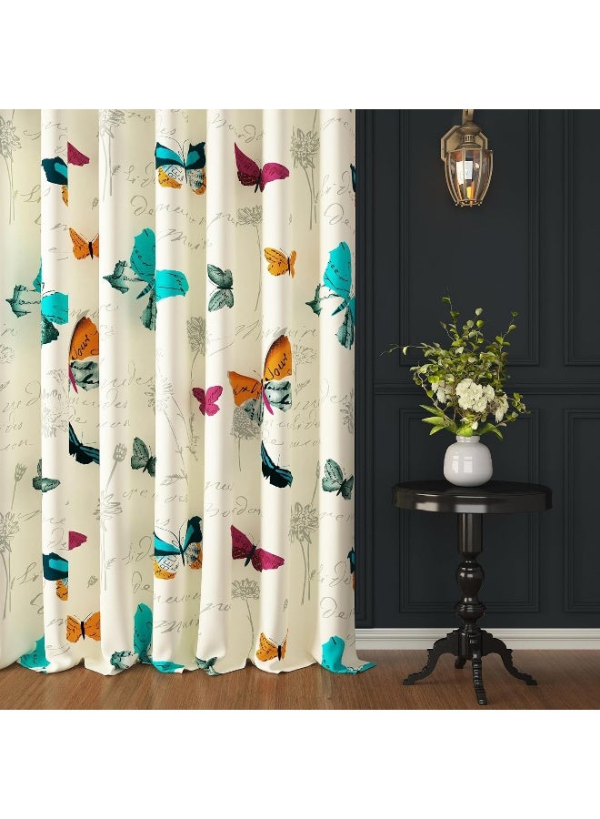 Story@Home Story@Home 152 Cm 100% Cotton Canvas Fabric Floral Pattern Light Filtering Grommet Window Curtain, White & Pink, Pack Of 2  - Image 1