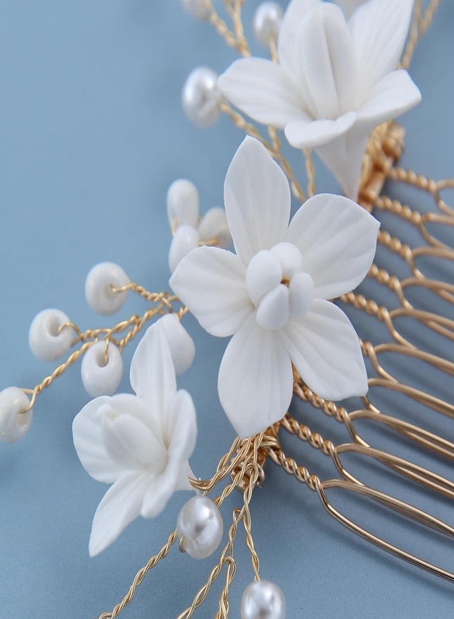 SELFCLOUD Handmade Bridal Wedding Hair Comb White Flowers Pearl Wedding Hair Accessory for Women Brides and Bridesmaid Gold - Image 5