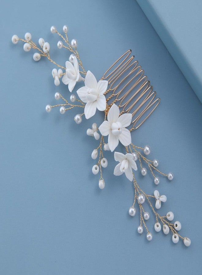 SELFCLOUD Handmade Bridal Wedding Hair Comb White Flowers Pearl Wedding Hair Accessory for Women Brides and Bridesmaid Gold - Image 3