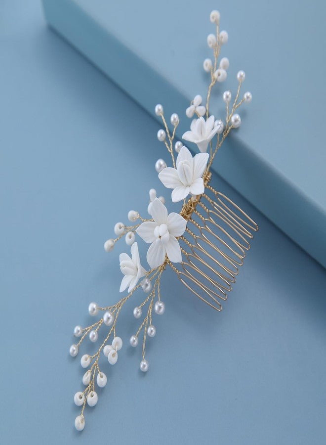 SELFCLOUD Handmade Bridal Wedding Hair Comb White Flowers Pearl Wedding Hair Accessory for Women Brides and Bridesmaid Gold - Image 4