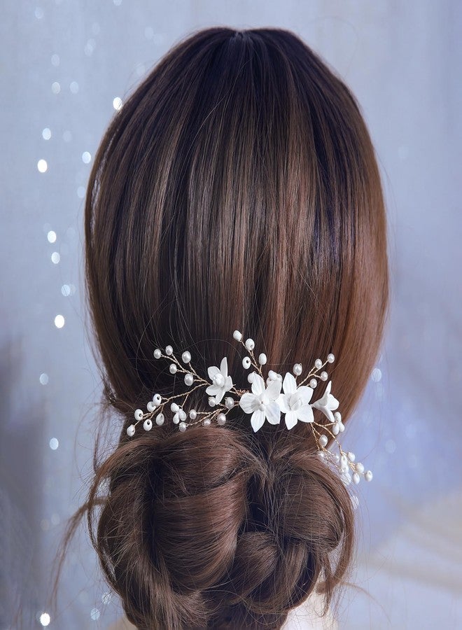 SELFCLOUD Handmade Bridal Wedding Hair Comb White Flowers Pearl Wedding Hair Accessory for Women Brides and Bridesmaid Gold - Image 1