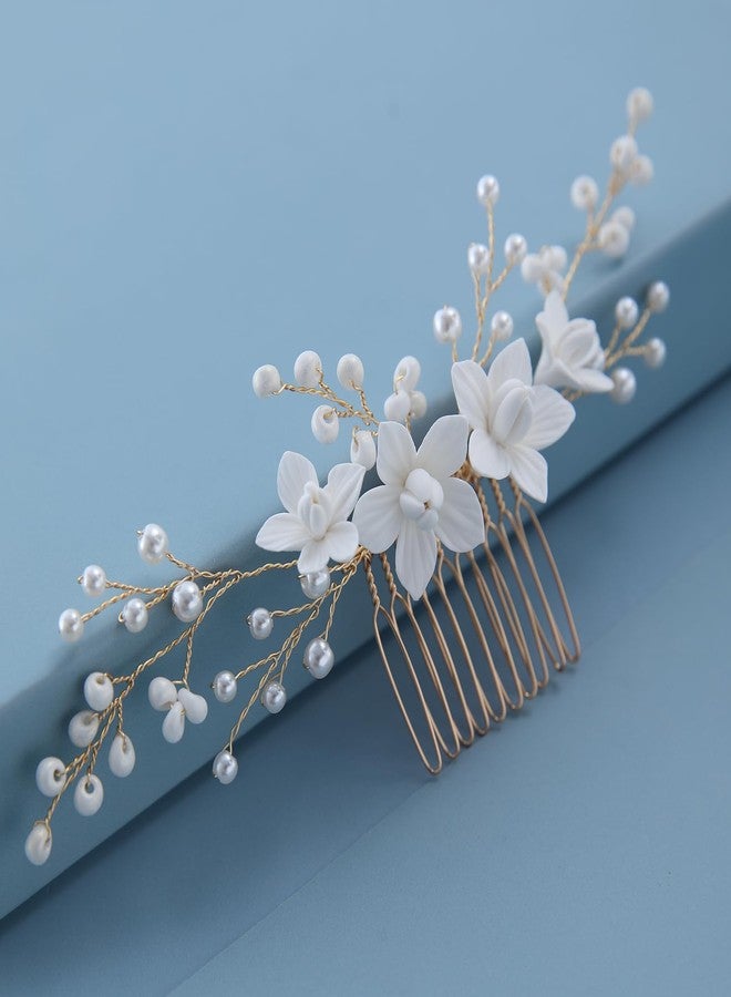 SELFCLOUD Handmade Bridal Wedding Hair Comb White Flowers Pearl Wedding Hair Accessory for Women Brides and Bridesmaid Gold - Image 2