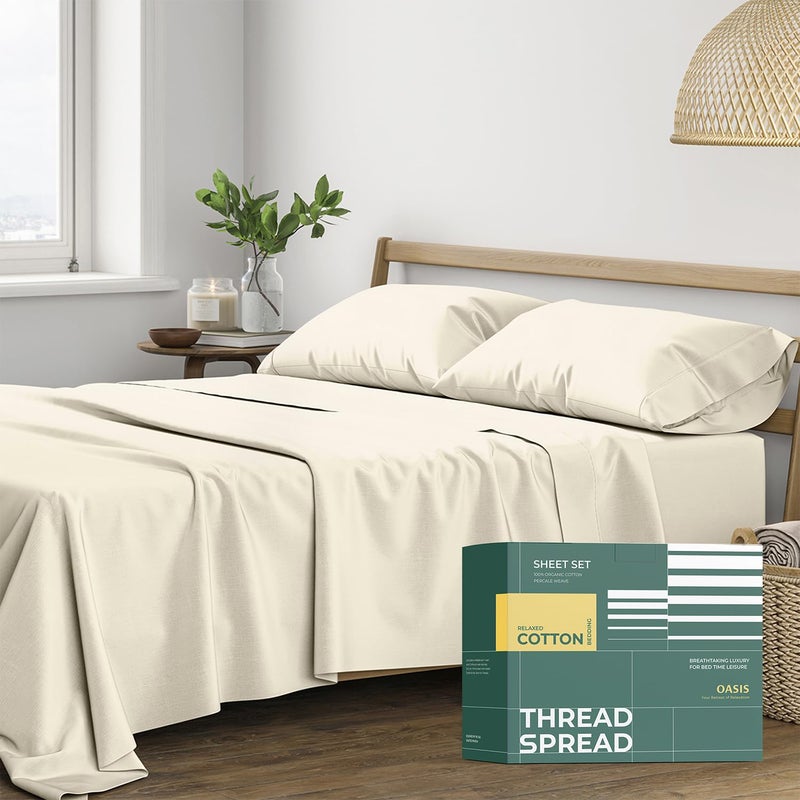 THREAD SPREAD 100% Organic Cotton Sheets Queen Size - 4 PC Organic Cotton Queen Percale Size Weave Sheet Set, Soft, Cooling, Crisp & Breathable, 16" Deep Pocket Hotel Quality Bedding Set - Ivory - Image 1