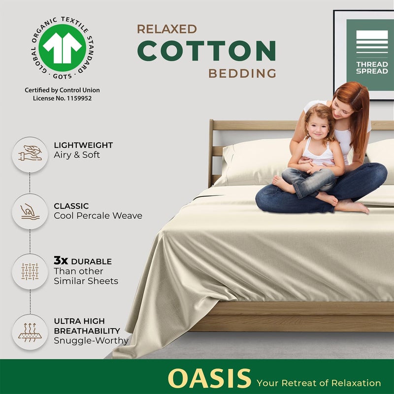 THREAD SPREAD 100% Organic Cotton Sheets Queen Size - 4 PC Organic Cotton Queen Percale Size Weave Sheet Set, Soft, Cooling, Crisp & Breathable, 16" Deep Pocket Hotel Quality Bedding Set - Ivory - Image 2