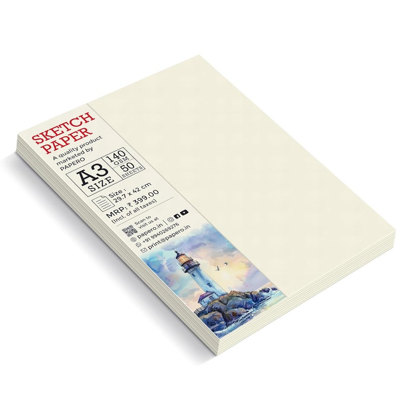 PAPERO A3 Loose Leaf Sketch Paper/Drawing Sheets | 140 GSM | 50 Sheets | Size (42 x 29.7 cm) | Ideal for Artists & Designers - Image 1