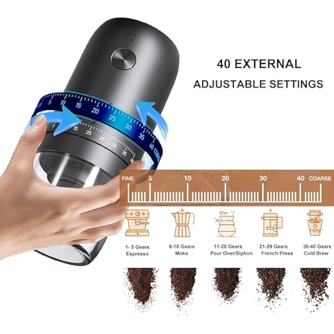 NIUB Portable Electric Burr Coffee Grinder With 40 Adjustable Settings And 35G CapacityRechargeable Coffee Bean Grinder With Conical Ceramic Burr For Travel Camping Office Espresso Etc Black - Image 5