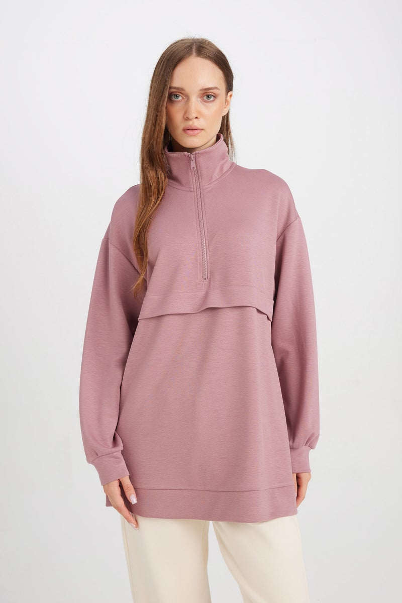 DeFacto Pink Woman Regular Fit Half Zip-Up Stand Collar Basic Sweatshirt Tunic Casual - Image 1