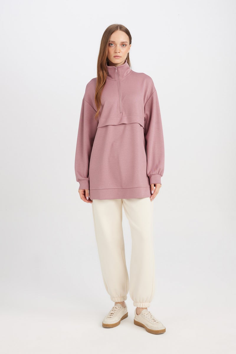 DeFacto Pink Woman Regular Fit Half Zip-Up Stand Collar Basic Sweatshirt Tunic Casual - Image 2