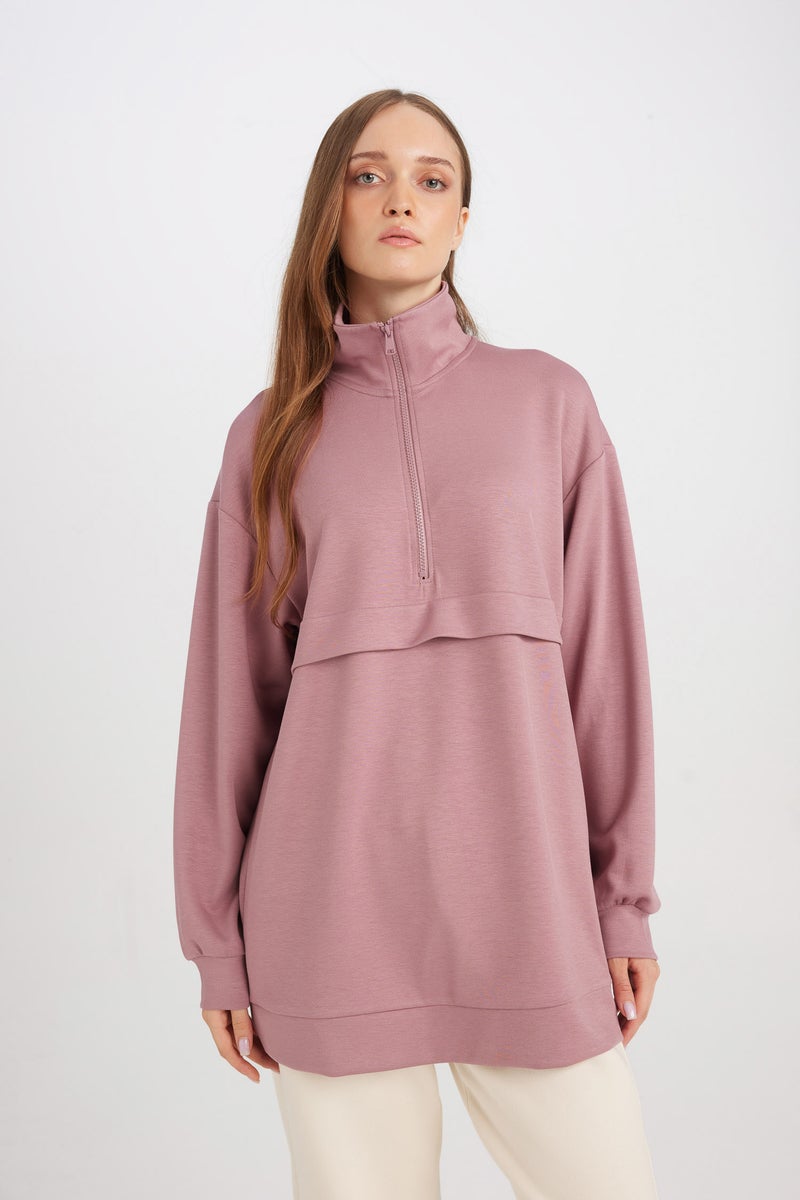 DeFacto Pink Woman Regular Fit Half Zip-Up Stand Collar Basic Sweatshirt Tunic Casual - Image 4