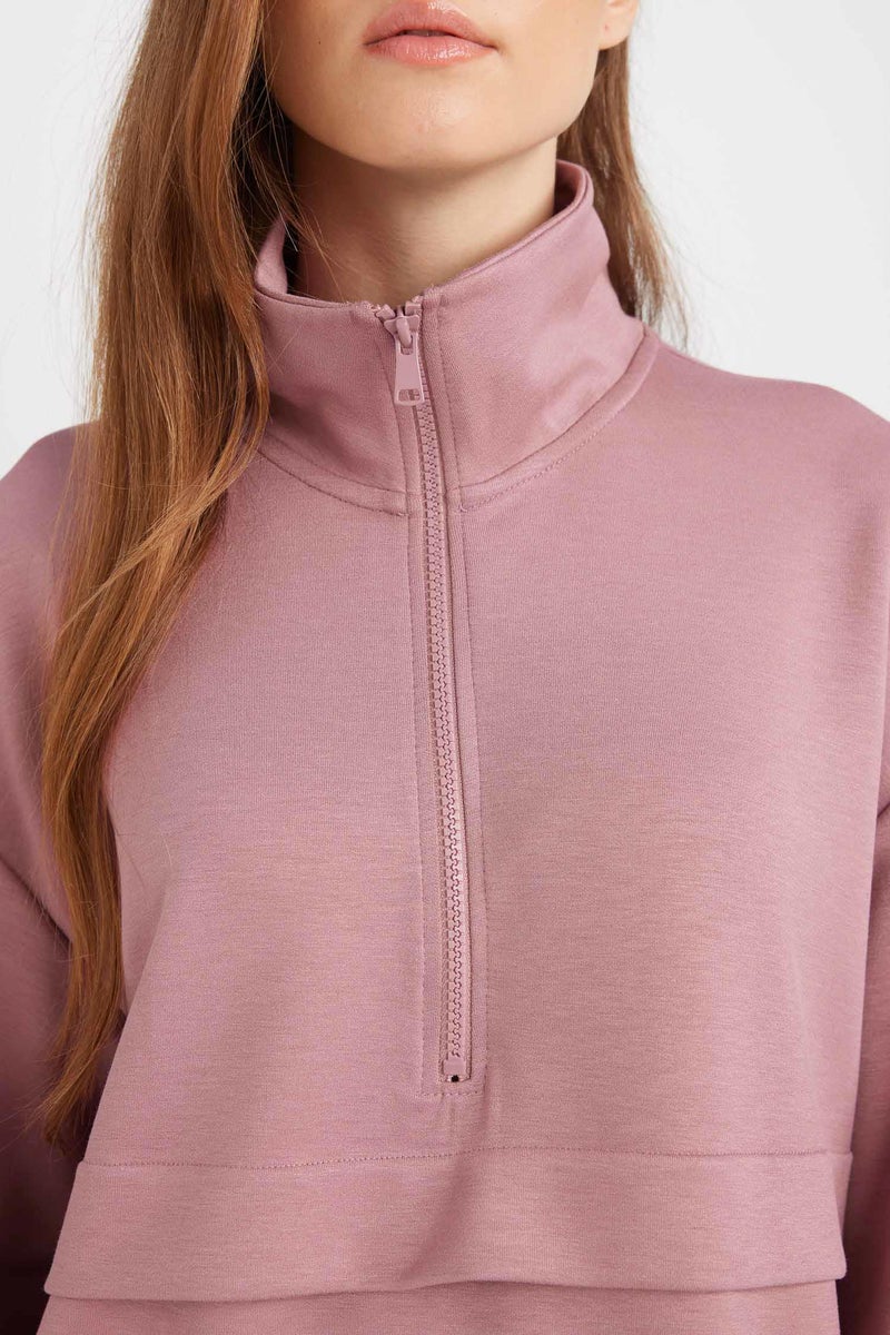 DeFacto Pink Woman Regular Fit Half Zip-Up Stand Collar Basic Sweatshirt Tunic Casual - Image 5