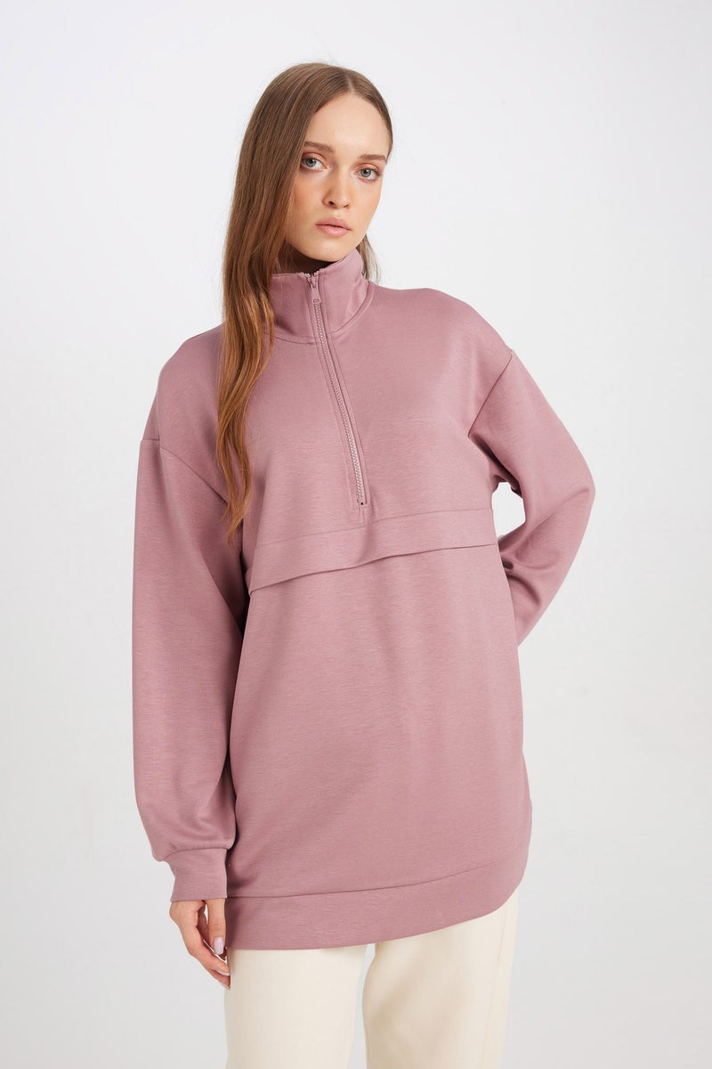 DeFacto Pink Woman Regular Fit Half Zip-Up Stand Collar Basic Sweatshirt Tunic Casual - Image 3