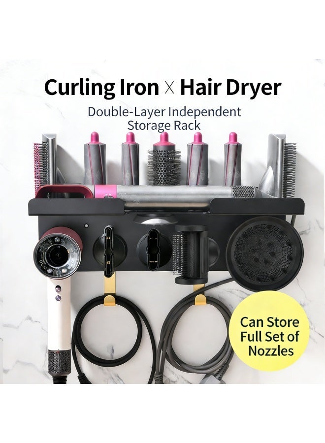 حامل مجفف الشعر ومكواة الشعر حامل تخزين مثبت على الحائط متوافق مع مجفف الشعر Dyson Supersonic حل تخزين للحمام/غرفة النوم/غرفة الغسيل (أسود) - Image 1