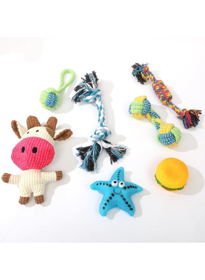 FUNFY 7-Piece Puppy Chew Toy Set, Dog Teething Toys with Rope Toys, Treaded Balls, Starfish Toy, Burger Toy, Squeaky Toys for Small and Medium Dogs - Image 1