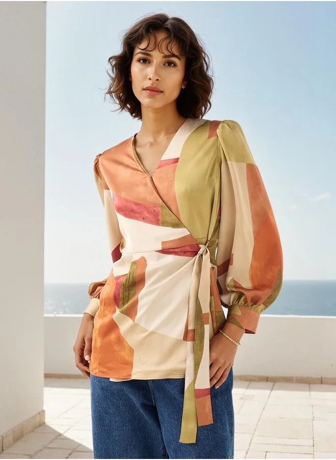 ايكونيك Iconic Printed V-neck Wrap Top with Long Sleeves and Tie-Up Detail