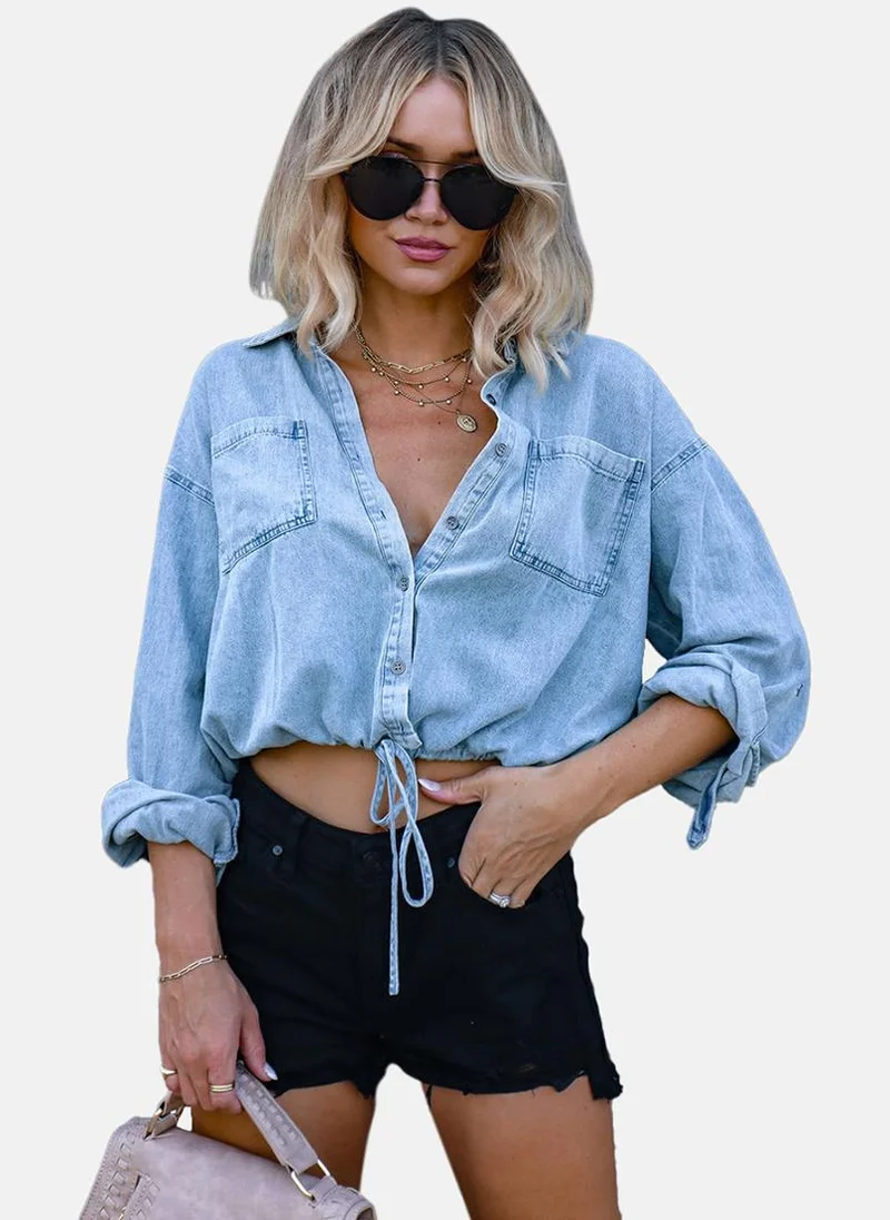 يونيكي Blue Relaxed Fit Spread Collar Long Sleeves Shirts