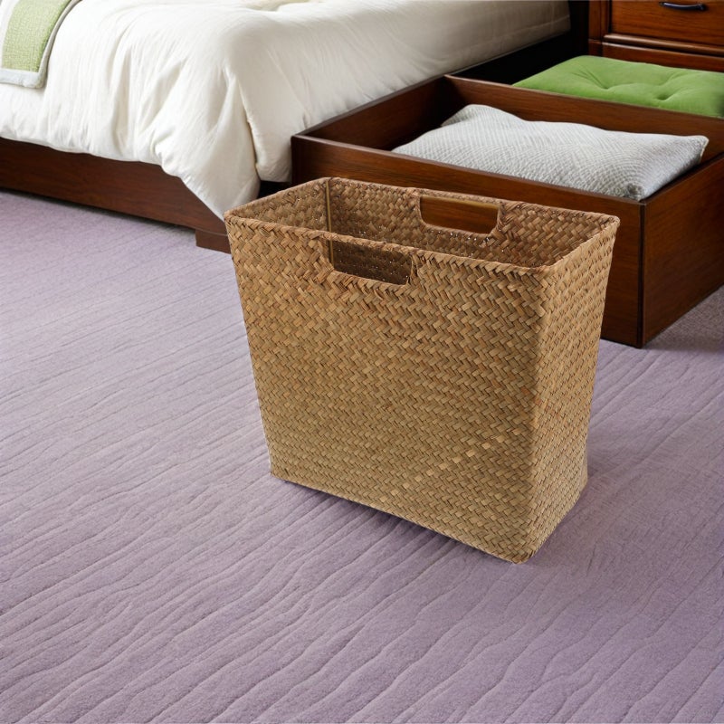 Hand-Woven Storage Basket: Seagrass Woven Storage Bin With Dual Handles For Laundry Toys And Household Sundries 13.76x11.79x7.15in - Image 2