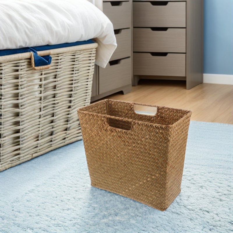 Hand-Woven Storage Basket: Seagrass Woven Storage Bin With Dual Handles For Laundry Toys And Household Sundries 13.76x11.79x7.15in - Image 3