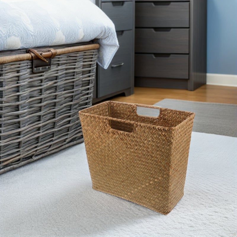 Hand-Woven Storage Basket: Seagrass Woven Storage Bin With Dual Handles For Laundry Toys And Household Sundries 13.76x11.79x7.15in - Image 4
