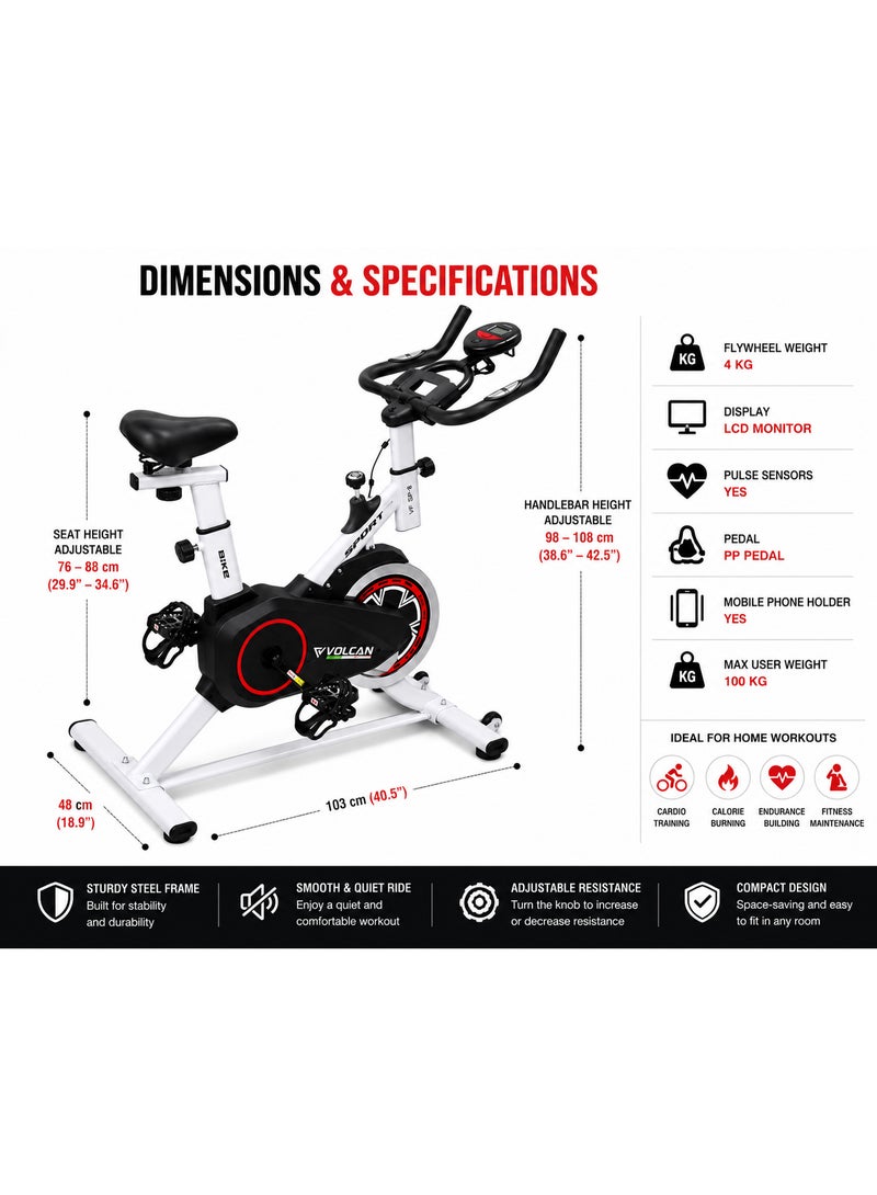 Volcan Fitness VOLCAN Spinning Bike VFSP:8 | Indoor Cycling Exercise Bike for Home Gym | 4KG Flywheel, Display & Mobile Holder, White - Image 5