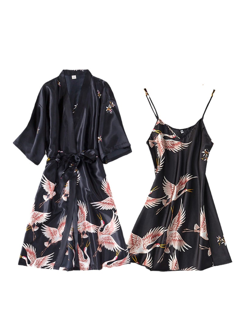2pcs women's pajamas bathrobe imitation silk suspender crane pajamas - Image 1
