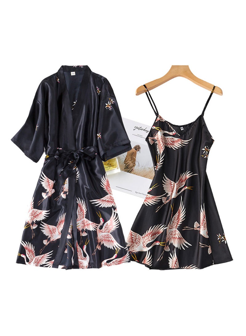 2pcs women's pajamas bathrobe imitation silk suspender crane pajamas - Image 2